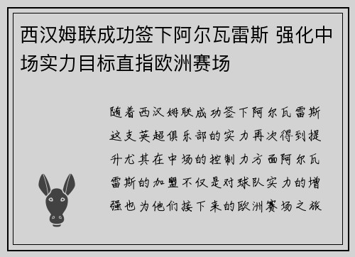 西汉姆联成功签下阿尔瓦雷斯 强化中场实力目标直指欧洲赛场
