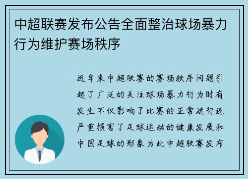 中超联赛发布公告全面整治球场暴力行为维护赛场秩序